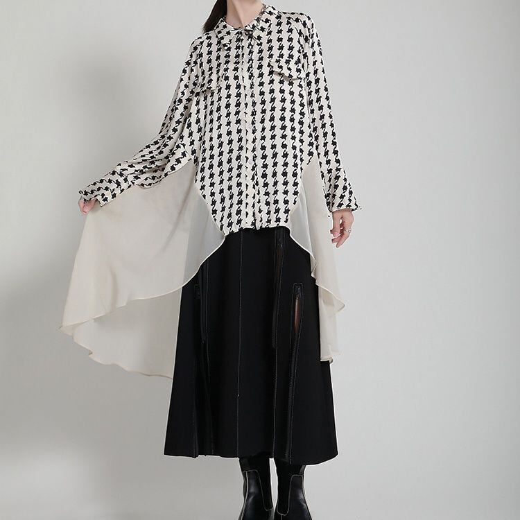 CHIFFON LAYERE STITCH HOUNDSTOOTH A-LINE SHIRT 2colors M-11807