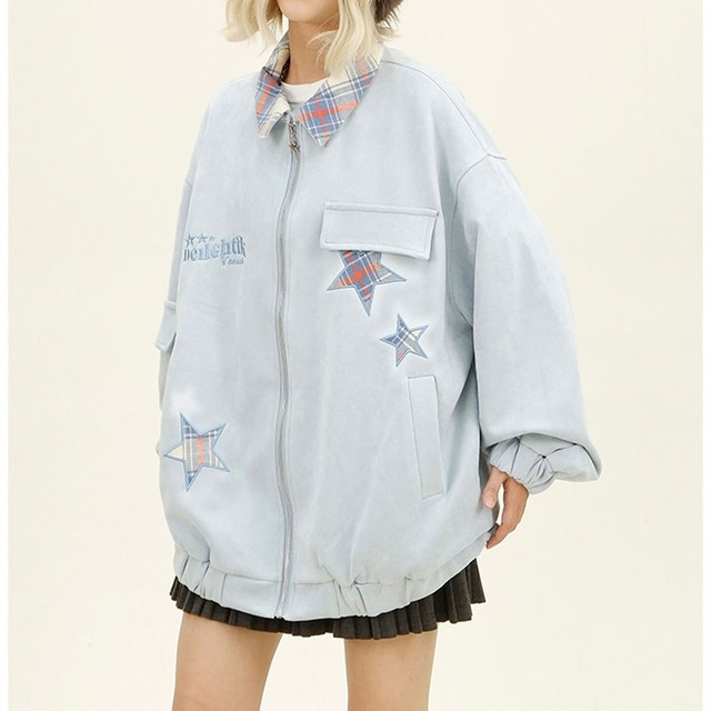 チェックスターパッチデザインブルゾン 2col R01129