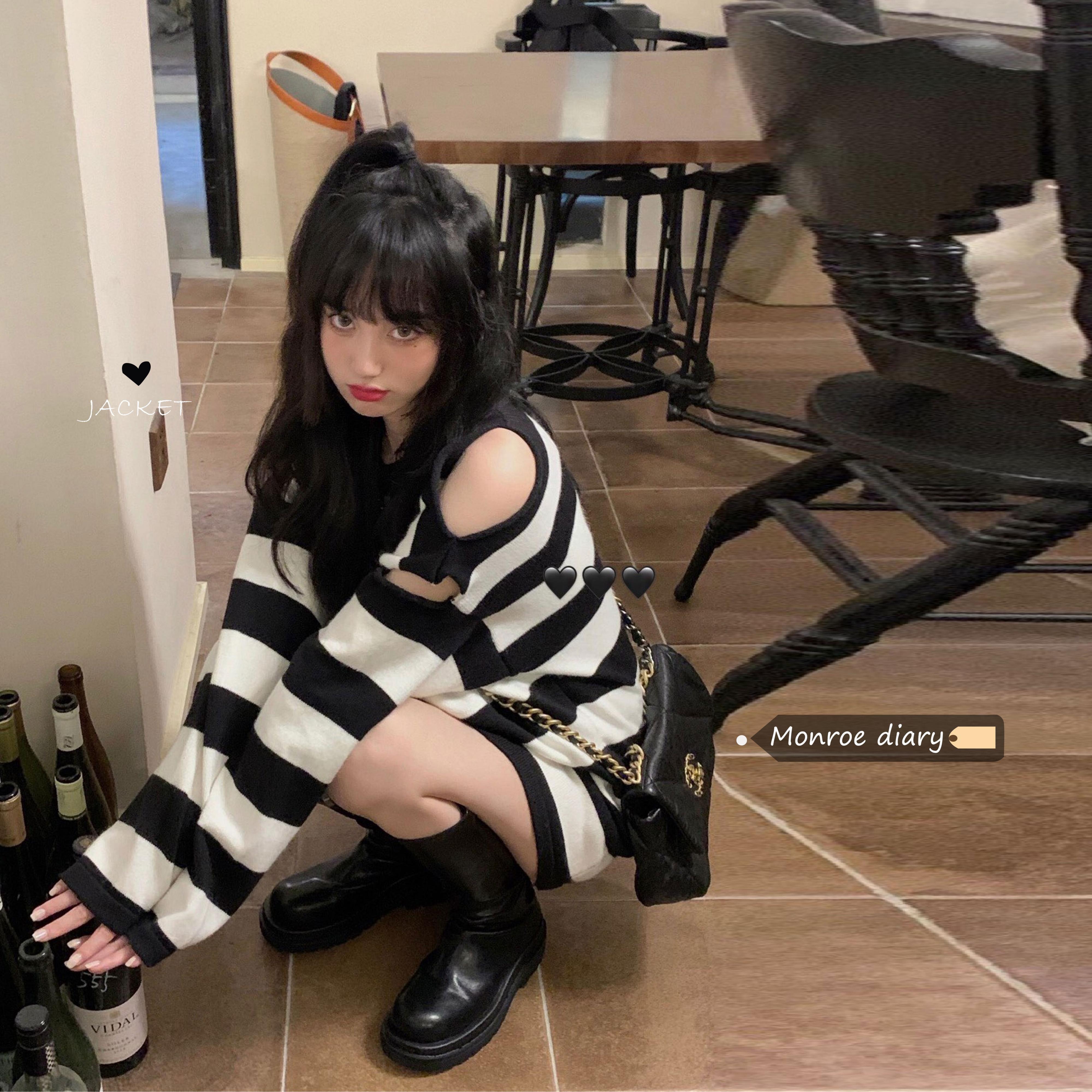 スタイルストライプセーター オータム薄手コート ルーズトップス 大人ガーリー スウィート キュート カジュアル 秋物 オフショルダー モンロー78322224321