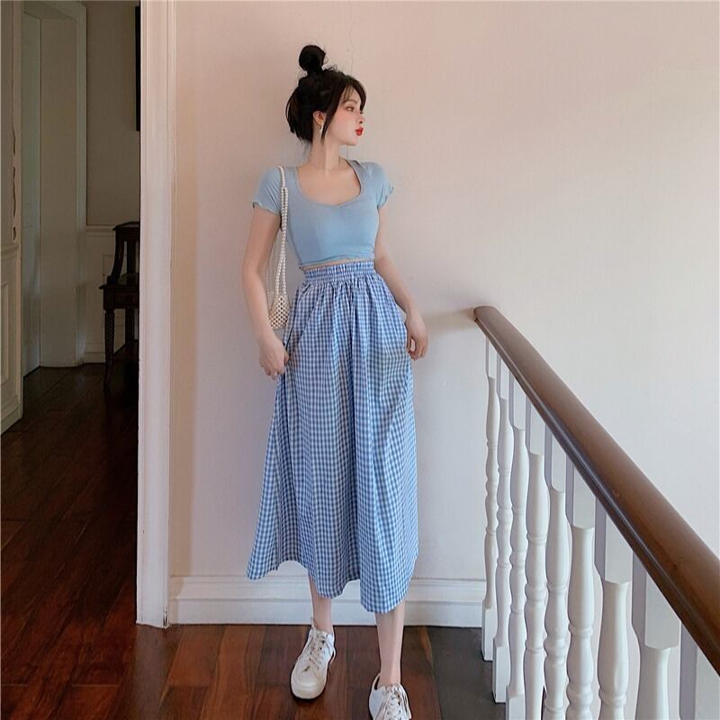 ウエストチェック柄ミドル丈スカート女性の夏の学生Aラインスカート2020新しいブルーの薄い大きなスカート ブラックストロベリース85883356504