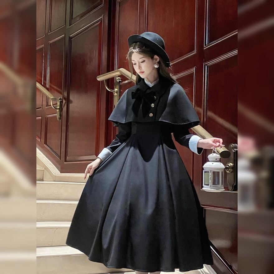秋灯りの洋館 白襟ロングワンピースとケープのクラロリ系3点セット