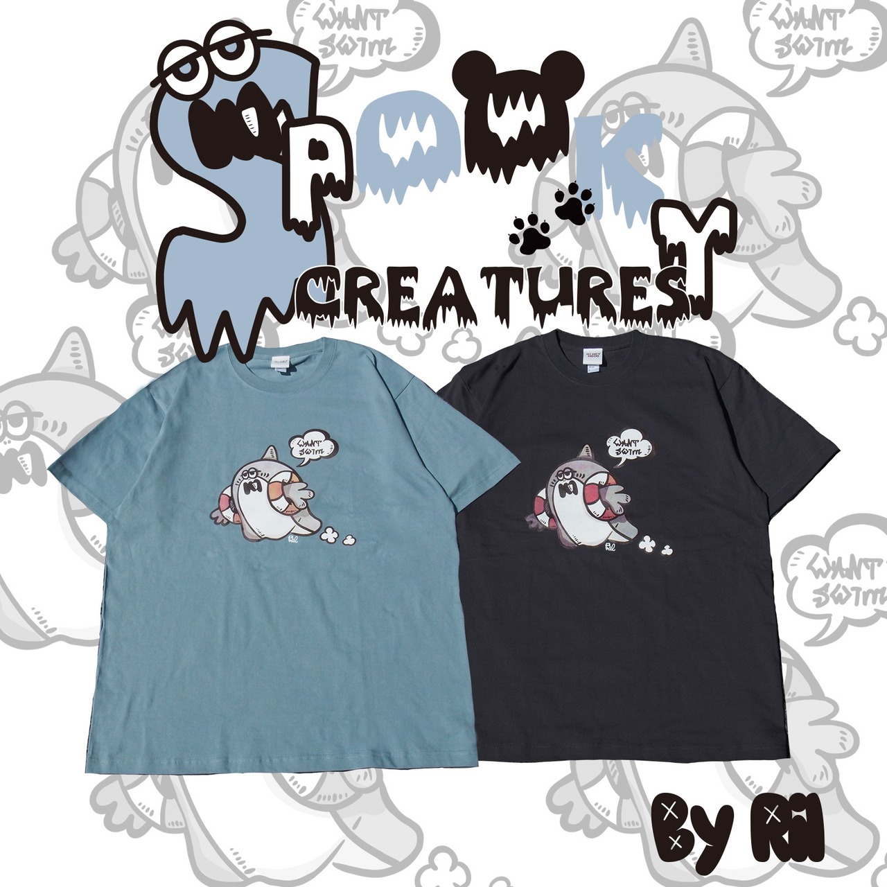 【Spooky Creatures】泳げないサメ『WASABI』のTシャツ。 - 2