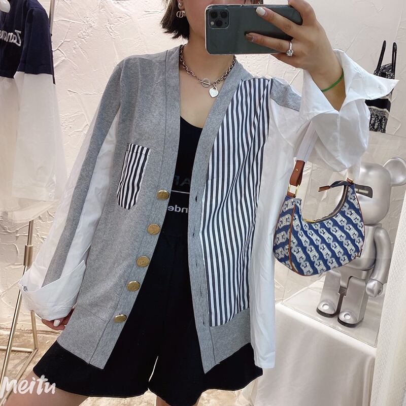 ファットmmカジュアルストライプブラウス2020秋の新しいプラスサイズの女性のルーズで薄い野生のカーディガンジャケット ミックスインファッション9113773018