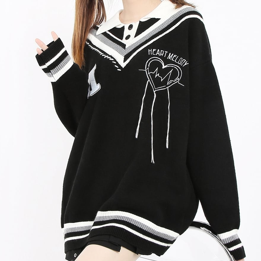 セミロリ ニット セーター セーラー風 フェイクツーピース 甘辛 Catwish JKロリータ 刺繍ロゴ