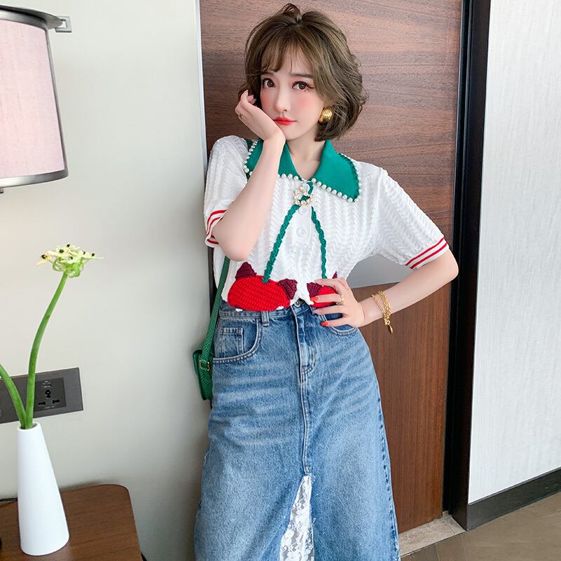 チェーン Flowerデザイン ストライプセーター スプリングサマー 春物 夏物 フラワーデザイン MIUCO50110445992