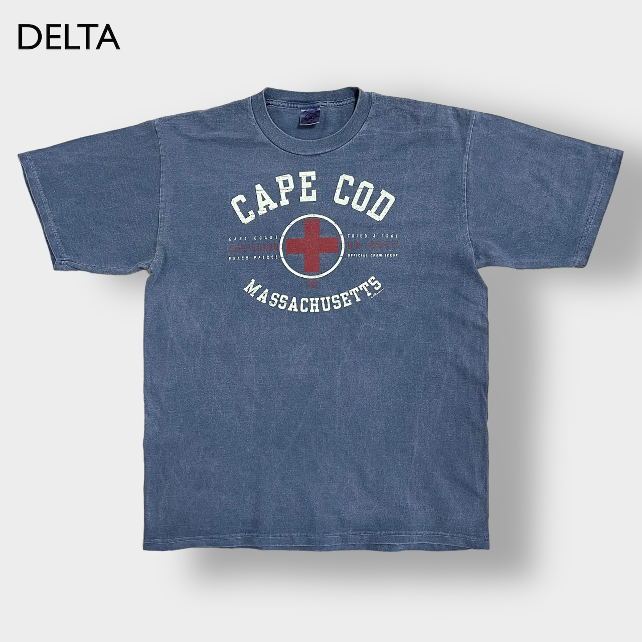 【DELTA】CAPE COD コッド岬 Tシャツ ライフガード LIFE GUARD マサチューセッツ アーチロゴ プリント ブルーグレー LARGE 半袖 夏物 デルタ US古着