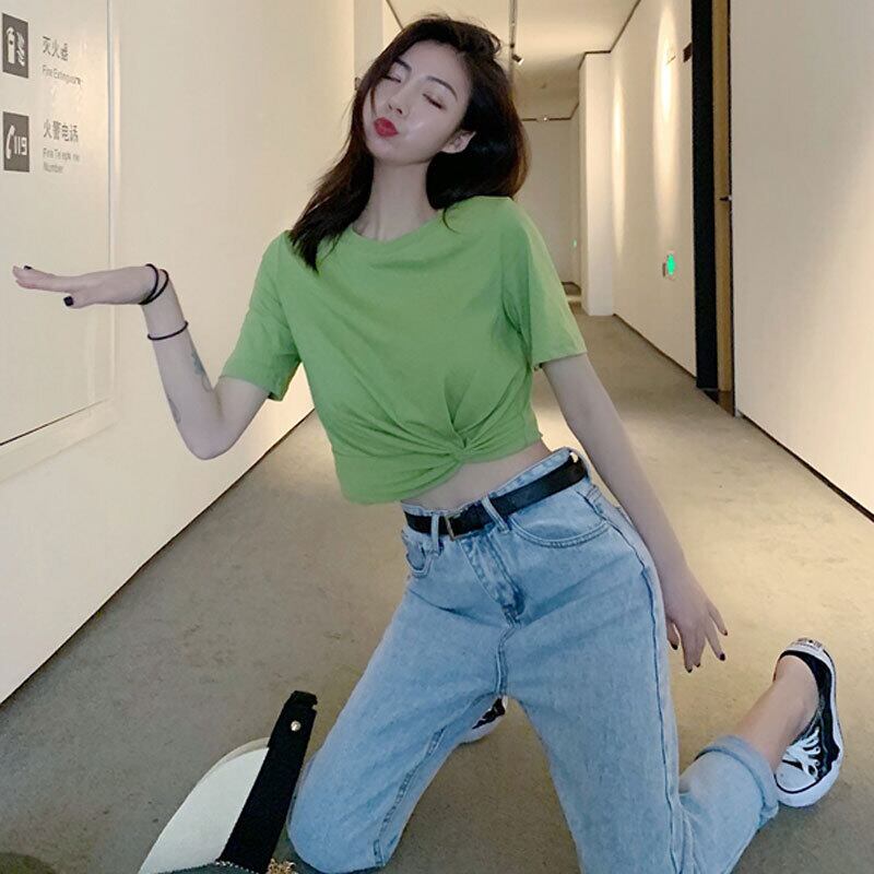 2020年春と夏の新しい女性のファッションラウンドネック半袖Tシャツウエスタンスタイルの白いショートクロップドボトムシャツ 1号婦人14464441856