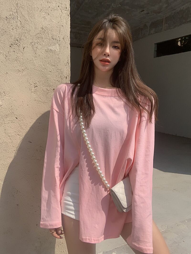 オータムカジュアルルーズソリッド カラーTシャツ ラウンドネックトップス ロング 秋物 Oネック ソリッドカラー ガールズファッション52570149916