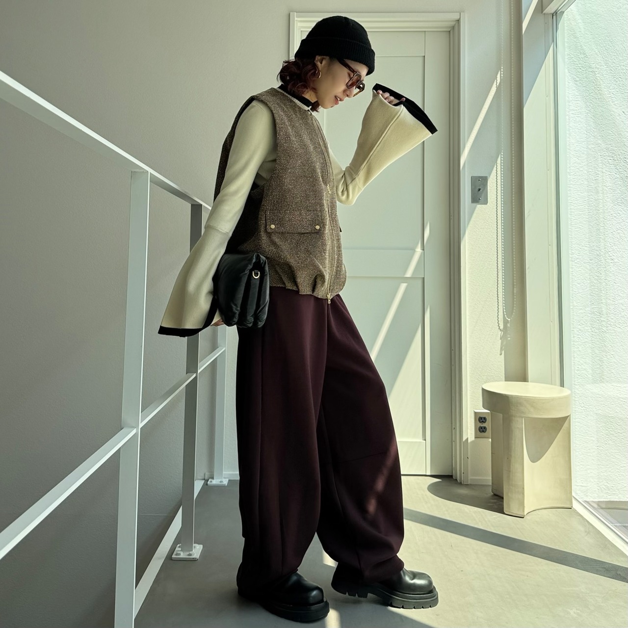 バルーンシルエットMIXツイードvest/ブラウン