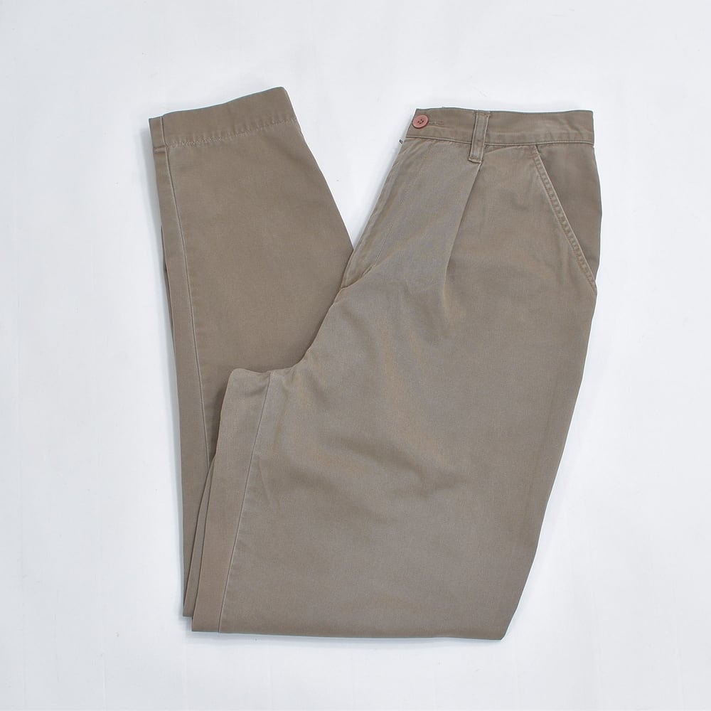 90s PAUL HARRIS DESIGN ポールハリスデザイン テーパードパンツ スラックス チノパン タック 裾スリット コットン グレーブラウン USED ヴィンテージ ビンテージ 古着 レディース W66m