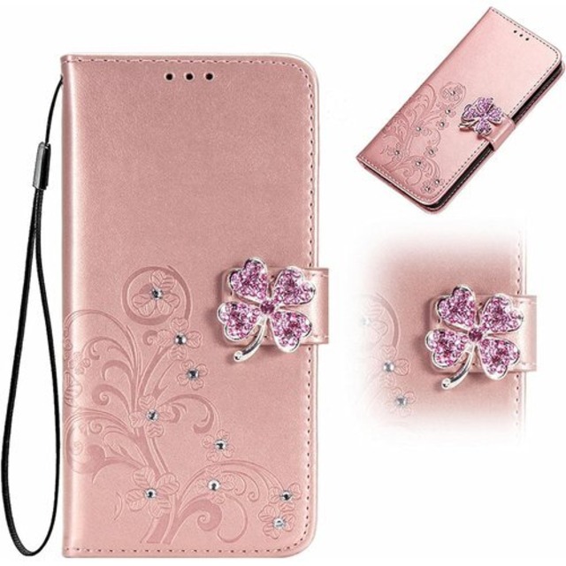 に適用するBasio active au SHG09 に適用するシンプルスマホ6 simple sumaho6 A201SH ケース 手帳型 ノートブック型携帯保護カバー多機能携帯ホルスター財布携帯ホルダーバンプパターンテクスチャ耐久性摩擦耐性携帯ケース男性と女性に適した多色オプション z四つ葉のクローバーローズゴールド 2266