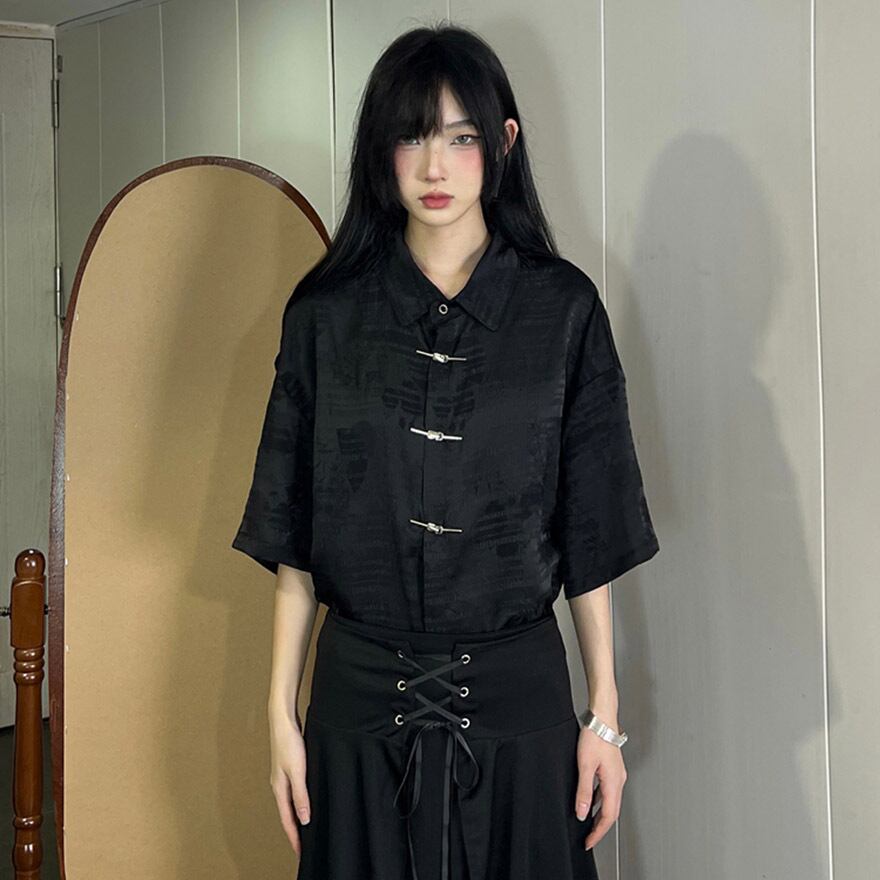 サブカル 服 地雷系 通販 ファッション 女子 半袖シャツ 五分袖 金具 ゆったり チャイナ風 中華 レトロ 闇かわいい ストリート系