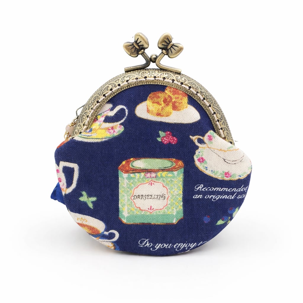 【ハンドメイド】がま口ポーチ・コインケース｜アフタヌーンティー ネイビー（口金8.5センチ）