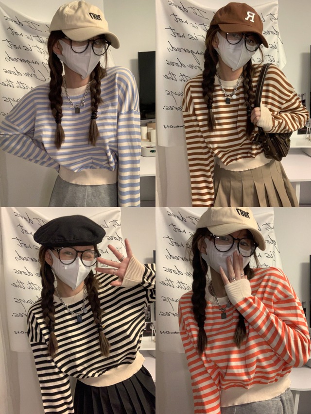 カラーストライプラウンドネックルーズプルオーバー ニットトップス オータム薄手ショートTシャツ 秋物 Oネック YY-ファッション5644133938