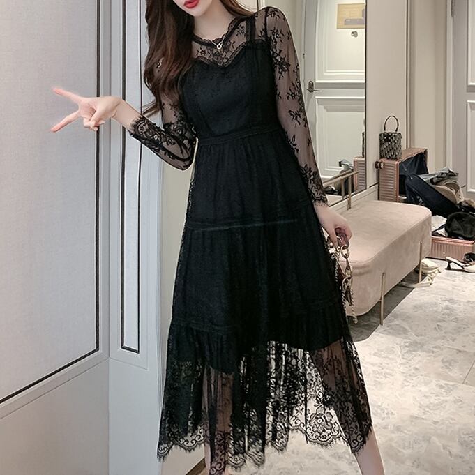 ワンピース レディース 春夏 秋冬 春 夏 秋 冬 黒 ロングワンピース ドレス 長袖 ロング ドレスワンピース ミディアムドレス 花柄 レースワンピース ティアード フリル ミモレドレス ひざ下ワンピース ミモレワンピ シースルー キャバドレス キャバ嬢 ナイトドレス きれい