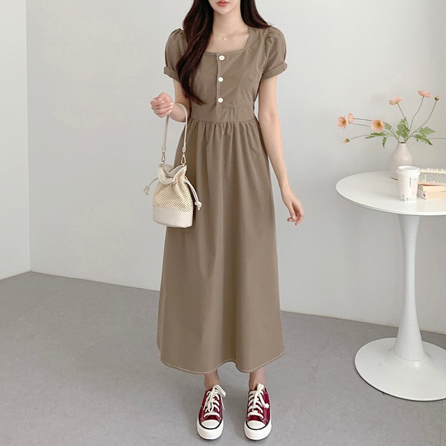 ワンピース レディース 3色 ロングワンピース 半袖 パフスリーブ スクエアネック Aライン ハイウエスト かわいい 大人可愛い きれいめ 上品 エレガント 清楚 フェミニン おしゃれ お洒落 綺麗 おとな ナチュラル こなれ感 ラブリー キュート ガーリー レトロ ロマンチック 抜け感 華やか 主役級 存在感 無地 オフィス ビジネス OL 通勤 学生 通学 デート 女子会 フリーサイズ ベージュ ネイビー ホワイト 春 夏 10代 20代 30代 40代 韓国 韓国系 着回し 普段使い 送料無料