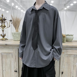 【韓国メンズファッション】BW787 メンズ ルーズシルエット ネクタイシャツ 無地 長袖シャツ