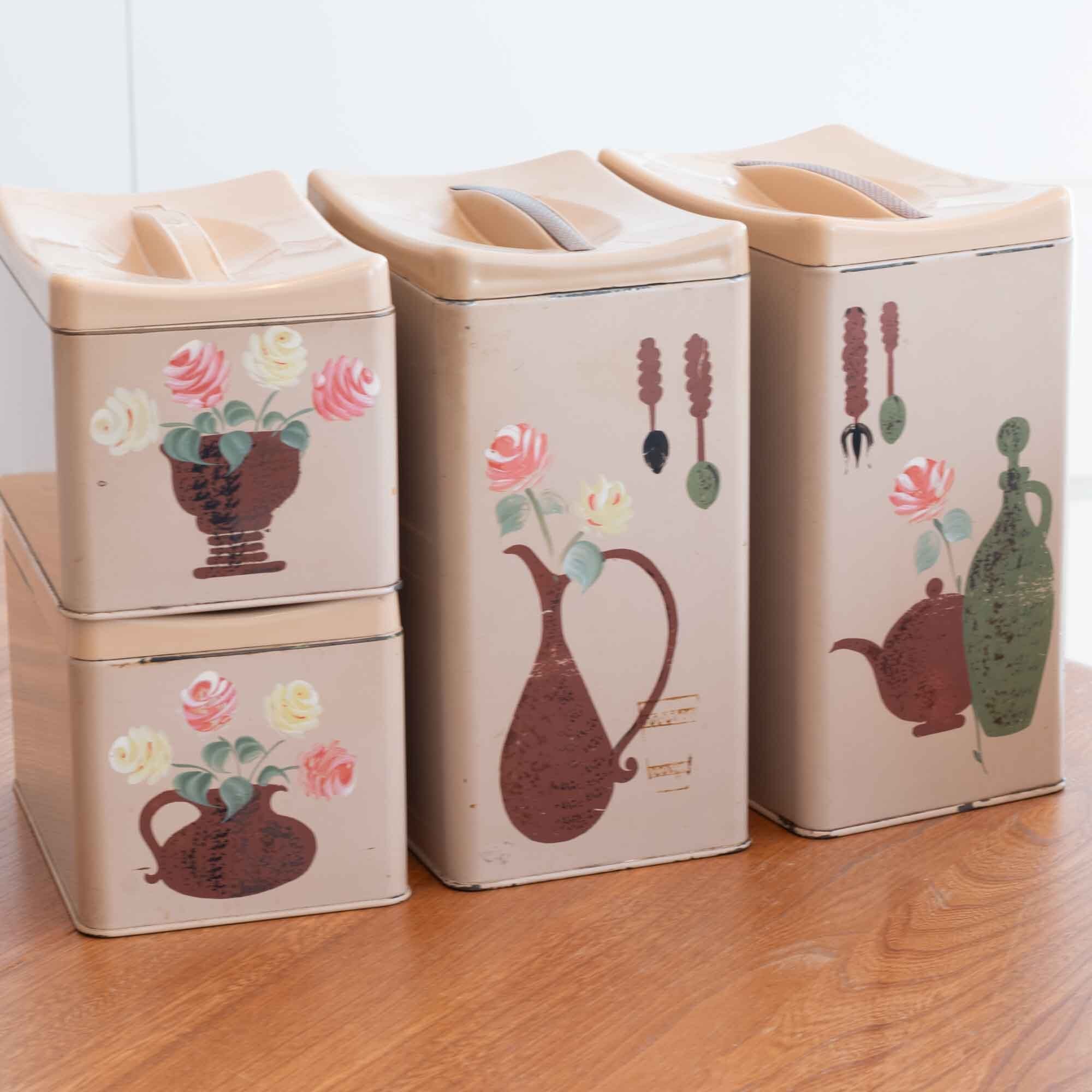 米国　RANSBURGSランズバーグ社製　長方形のメタルキャニスター　手書きのばら　４つセット　ピンクベージュ