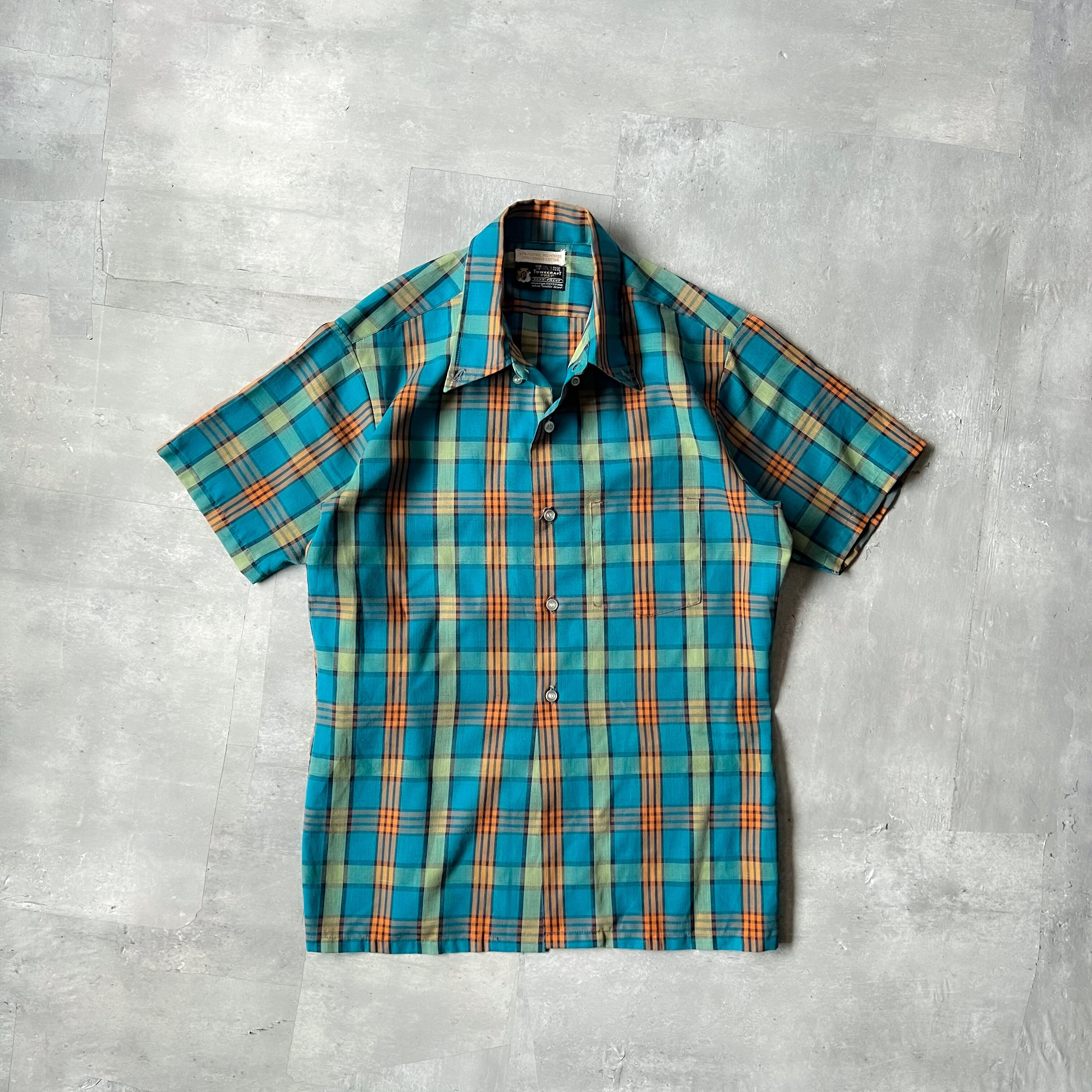60-70s “towncraft” BD × open collar Madras check pattern box ...