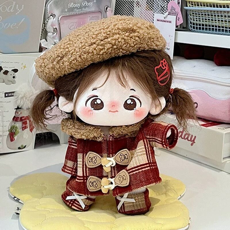 20cmぬい服】冬のふわふわ赤チェックコーデ 着せ替えぬいぐるみ 棉花