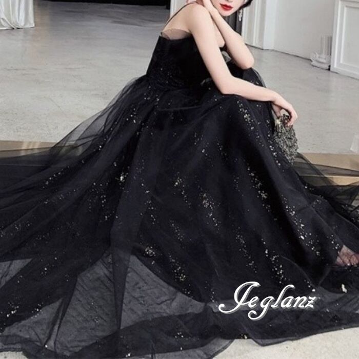 2色 パーティ イブニングドレス 背中 編み上げ チュール ラメ キラキラ 光沢感(M6495)ζ