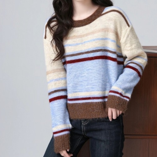 ランダムボーダー柄ニットトップス ・9440