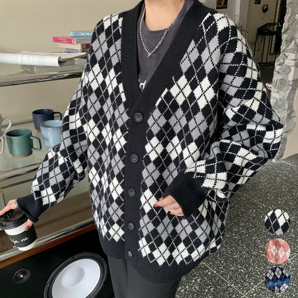 アーガイルカーディガン Vネック 長袖