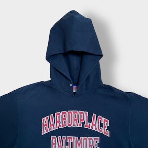 Champion 2段プリント ロゴ HARBORPLACE BALTIMORE プルオーバー パーカー スウェット フーディー ハーバープレイス L チャンピオン us古着