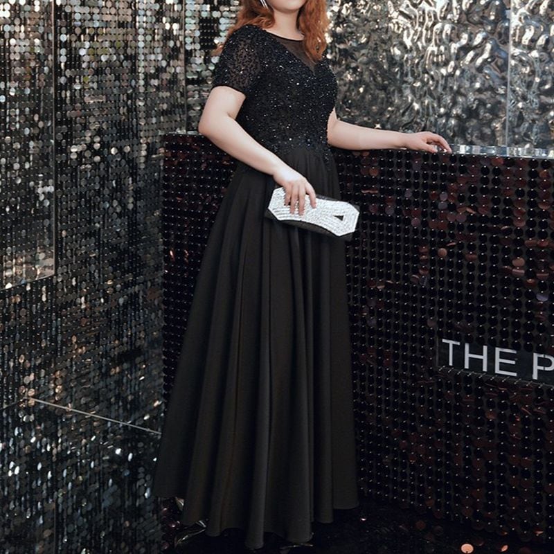 3XL〜7XL】スパンコール装飾シアーVネックドレス D1612 | 演奏会