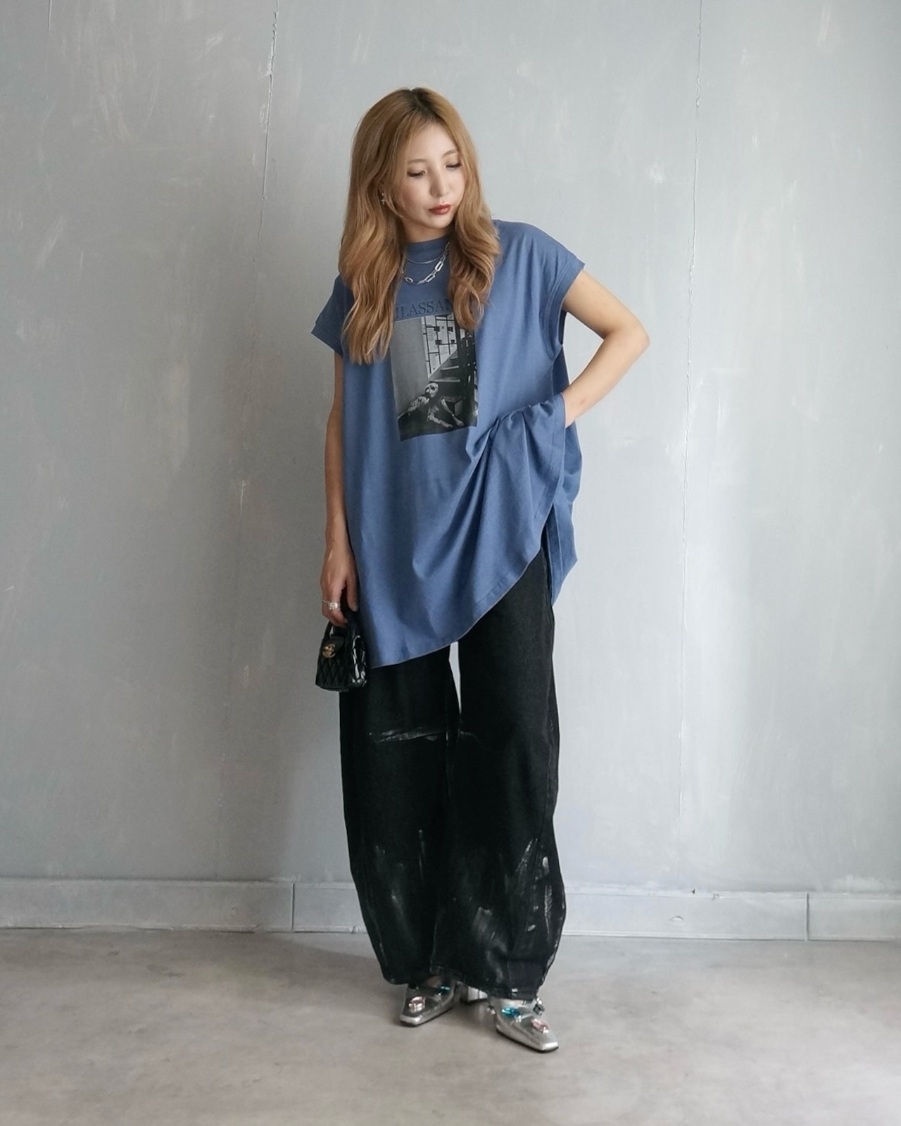Dog graphic photoフレンチスリーブ接触冷感Tee／ブルーラベンダー