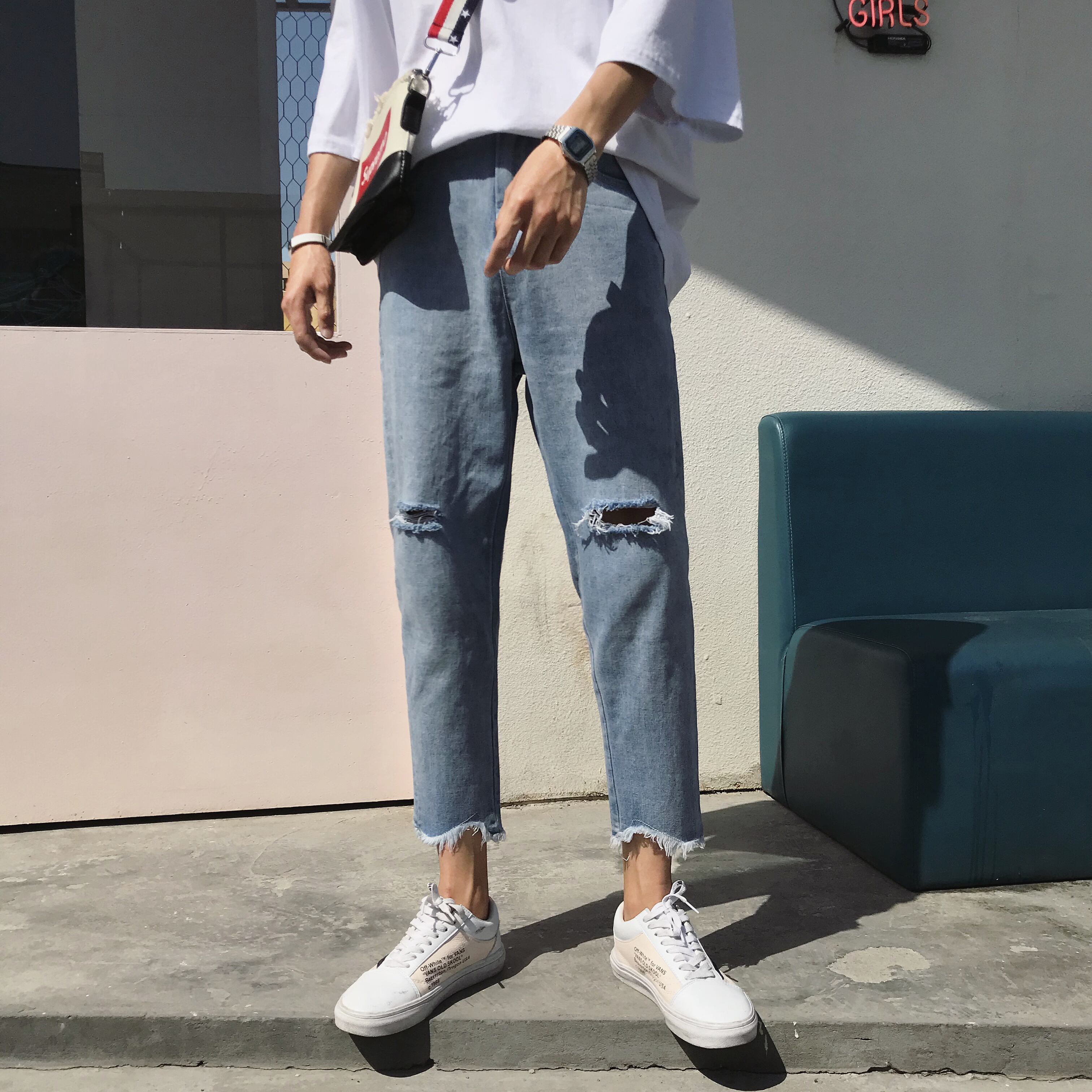 全2色 デニム パンツ ストレート カジュアル ダメージ 無地