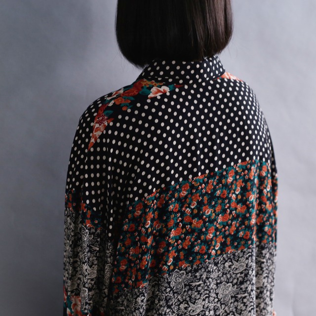 flower and dot crazy pattern l/s rayon shirt