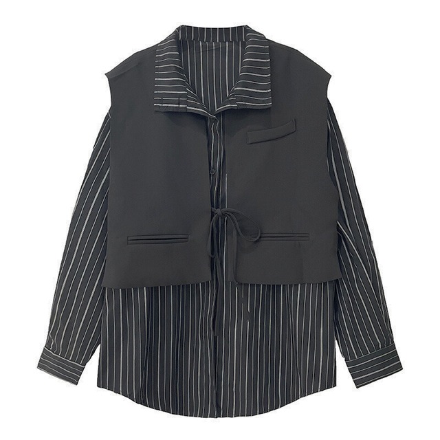 Striped shirt layered vest【2color】 C1263