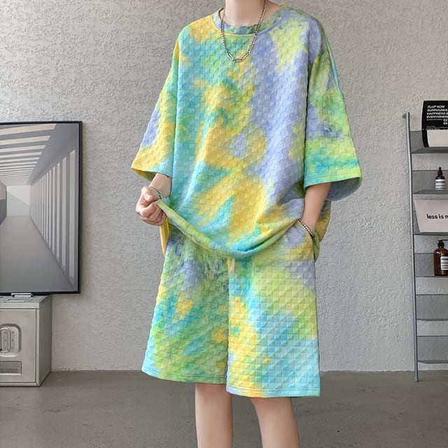 【予約販売】メンズ セットアップ 上下 半袖 ハーフパンツ グラデーション タイダイ柄 グリーン ネイビー ストリート 部屋着 韓国 ジム スポーツウエア カジュアル 春 夏 大きいサイズ M/L/XL/2XL/3XL/4XL/5XL