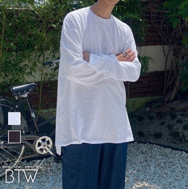 【韓国メンズファッション】長袖 Tシャツ 無地 スリット 長T ゆったり カジュアル BW1806