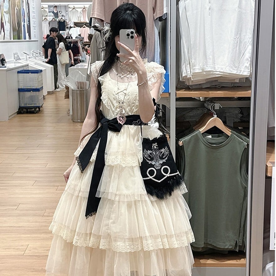 クラシカルロリィタ 夏ドレス3点セット アイボリー ティアード お茶会
