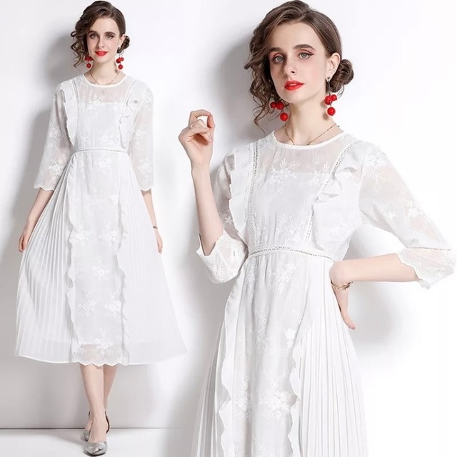 送料無料 D950 刺繍 レース フリル プリーツ 7分袖 ワンピース ホワイト 白ワンピース ホワイト カラフル フレア 無地 ワンピース マキシ レース 膝丈 長袖 ロング インポートワンピース お呼ばれ 結婚式 パーティードレス メール便 パーティーワンピ 袖付き