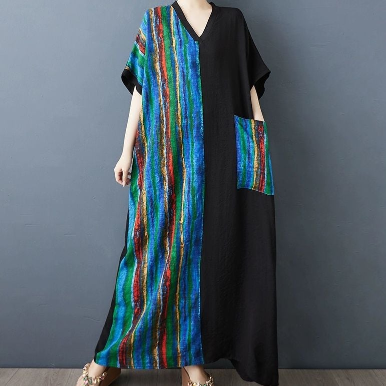 ASYMMETRIC DESIGN V-NECK HALF SLEEVES PULLOVER DRESS 1color M-13857