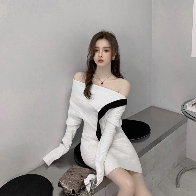 ニットドレス オータムウィンターストラップレスウェストスタイルスカート 秋物 冬物 ステッチ ドラファッションホール43790375195