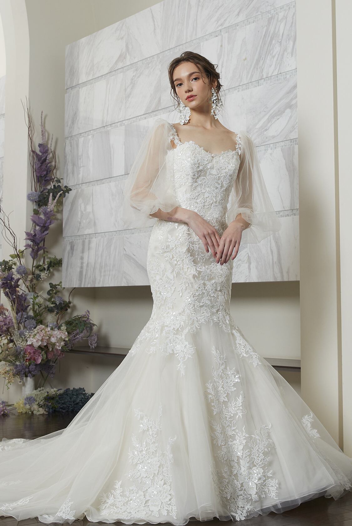 ボレロ キラキラ光る刺繍 シースルー袖 背中見せ 花嫁/ウェディング  