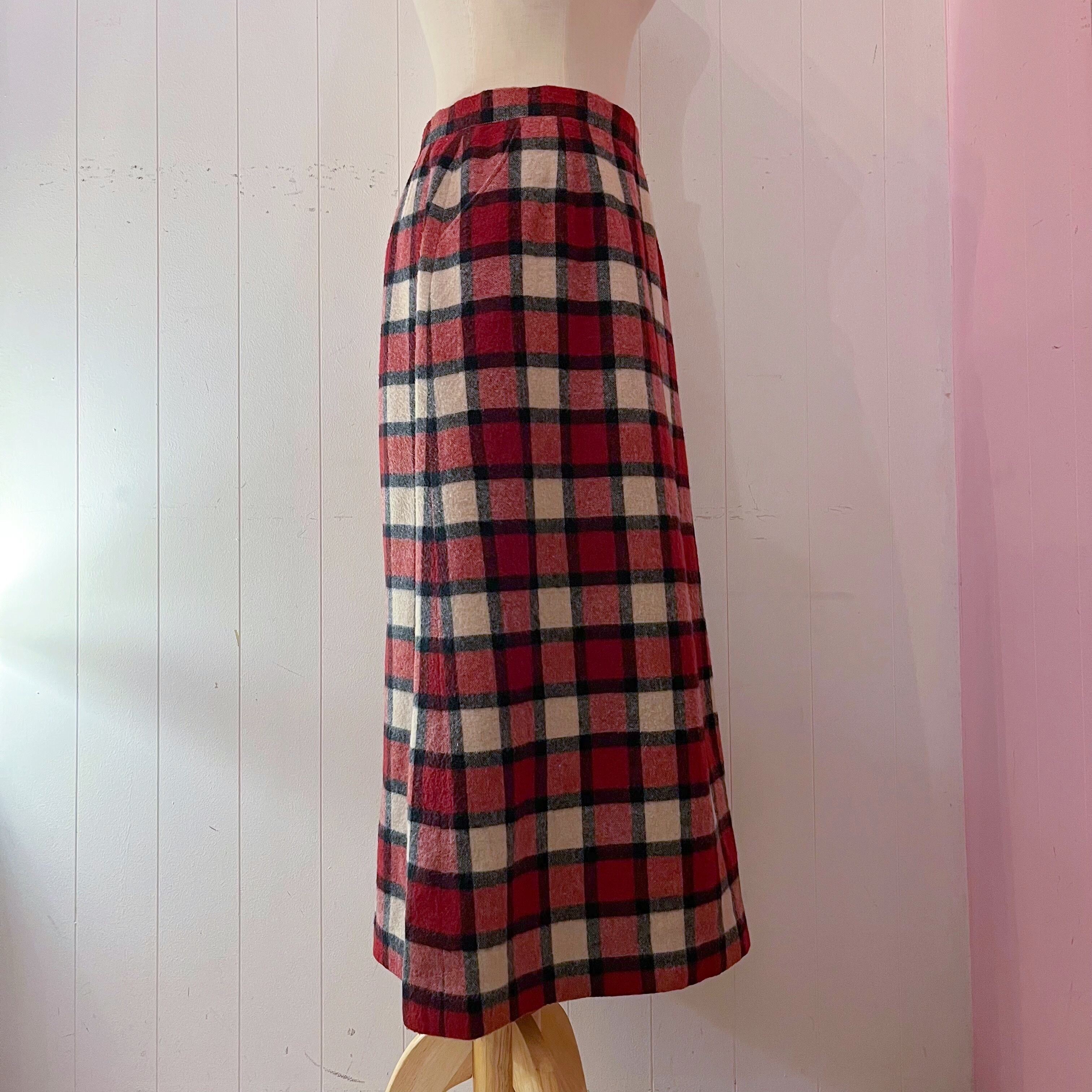 red block check wool long skirt