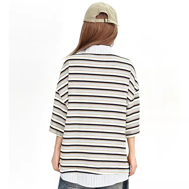 マルチボーダーセーラーカラーレイヤードトップス 1col   R02147