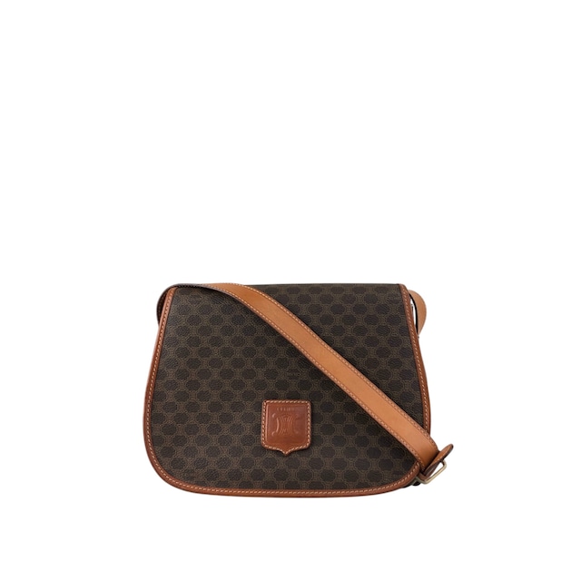 CELINE セリーヌ ショルダーバッグ ブラウン マカダム ブラゾン型押し PVC レザー フラップ vintage ヴィンテージ オールド 6pmbjw
