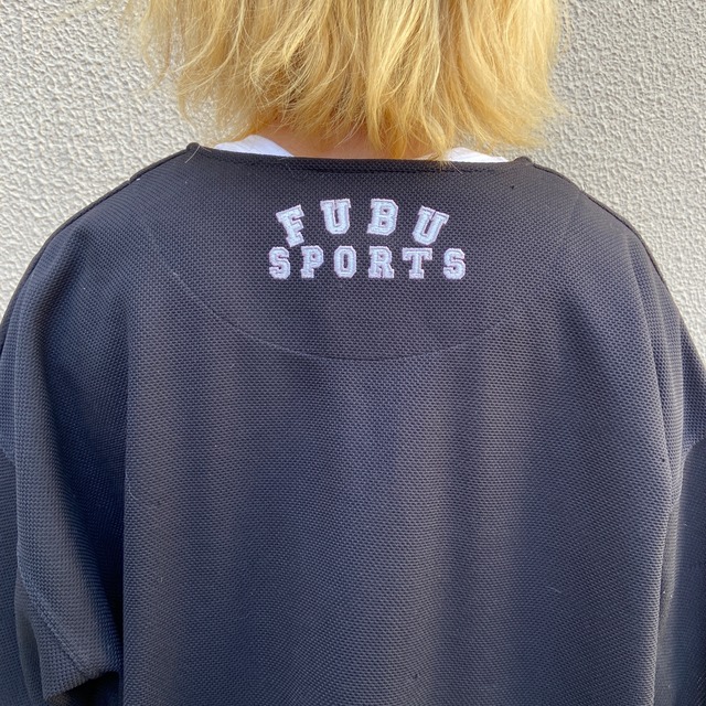 90s FUBU SPORTS 刺繍ワッペンロゴベースボールシャツ　ブラック