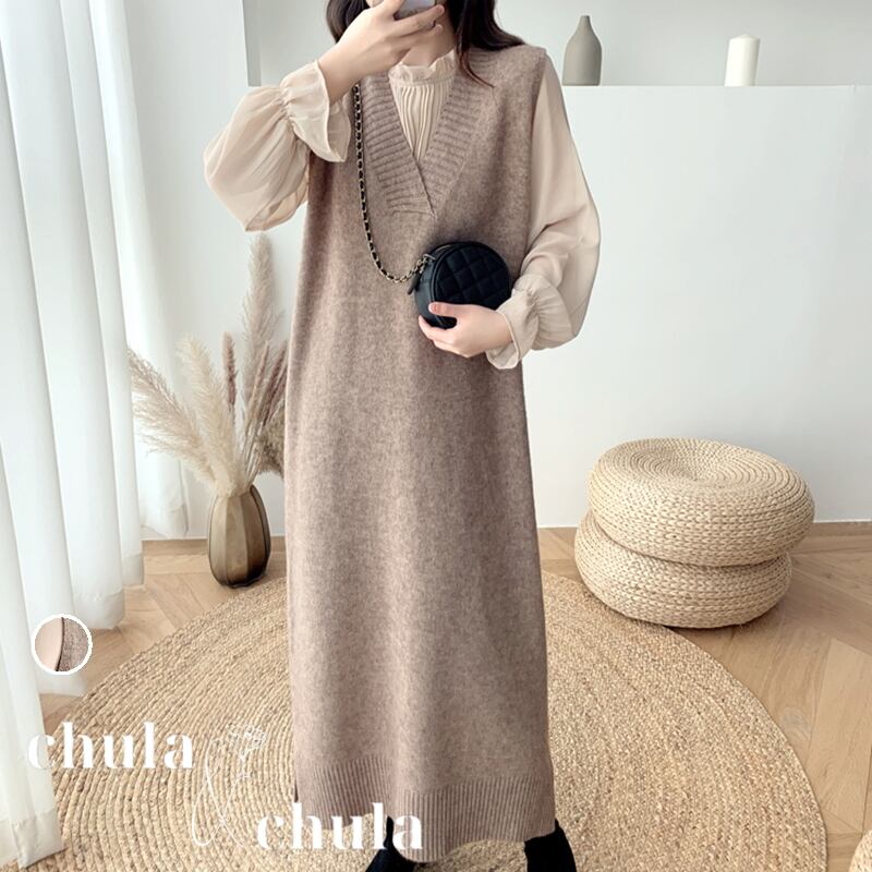 大きいサイズ レディース韓国ファッション ワンピース 2点セット ベスト ロングワンピース シフォン パフスリーブ プリーツ フリル ニット ツーピース Ch3180 可愛い大きいサイズ韓国レディースファッション通販 Chulachula チュラチュラ