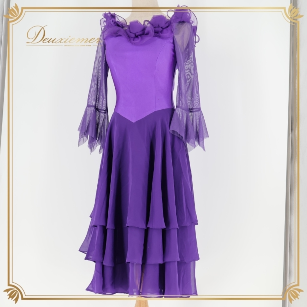 社交ダンス 衣装 ワンピース ドレス パープル系 クリエイトサン Create-Sun 紫 レース フリル 無地 軽い パーティ 発表会 ダンス コスチューム おしゃれ レディース ステージ衣装 紫色 女性 ダンスパーティ