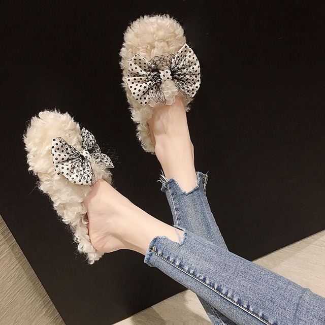 ミュールオータムレッドリボンファー 靴 シューズ 秋物 フェイクシューズ85774526391