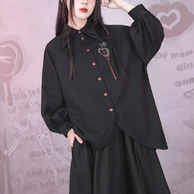 アシンメトリー裾 刺繍デザインシャツ（ruf_02959）