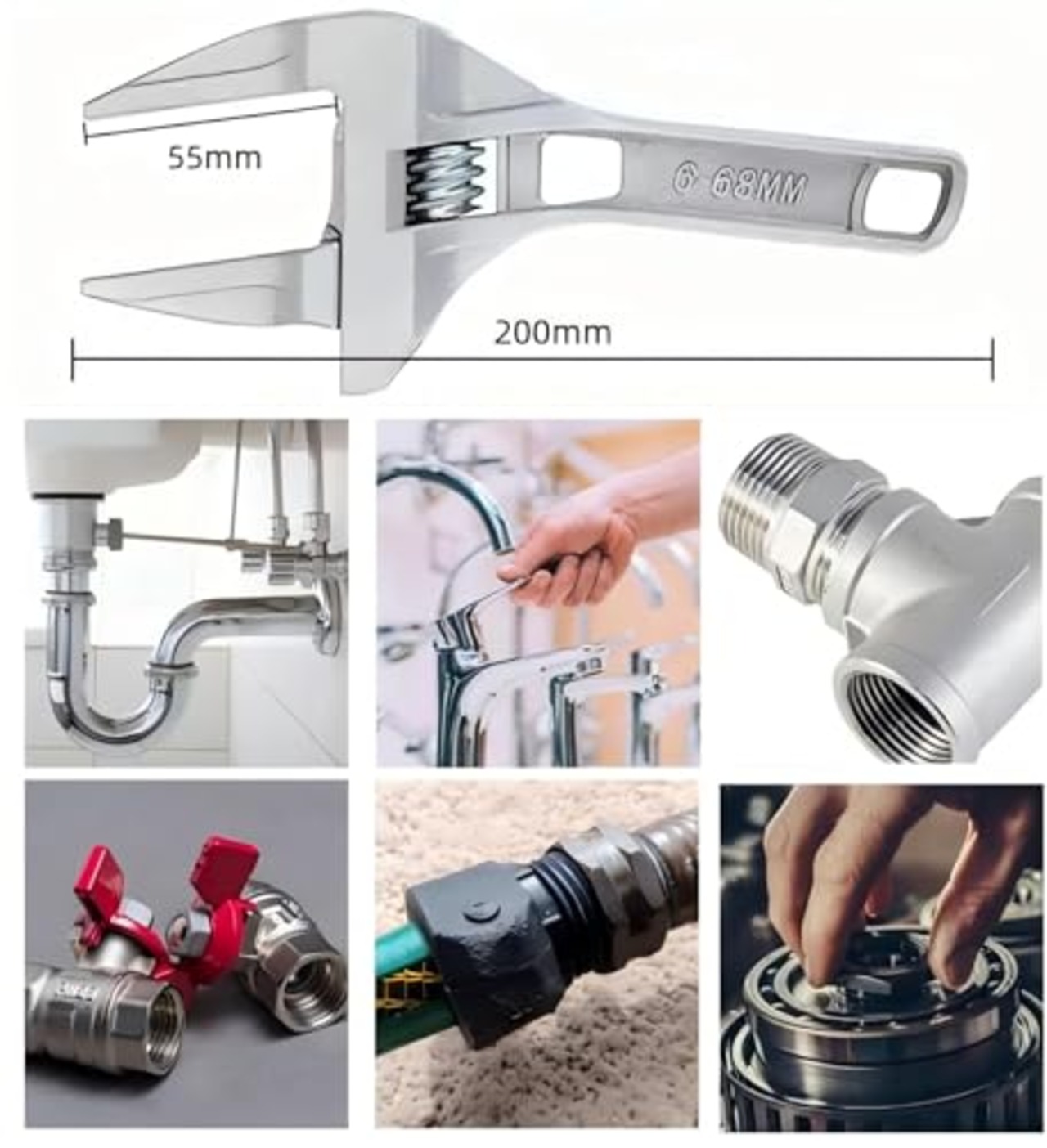 Giratist モンキーレンチ ワイド たて型 水栓レンチ 大開口 トップワイドモンキレンチ 調整範囲(6-68mm) 薄型 軽量 作業 水道管 配管 修理