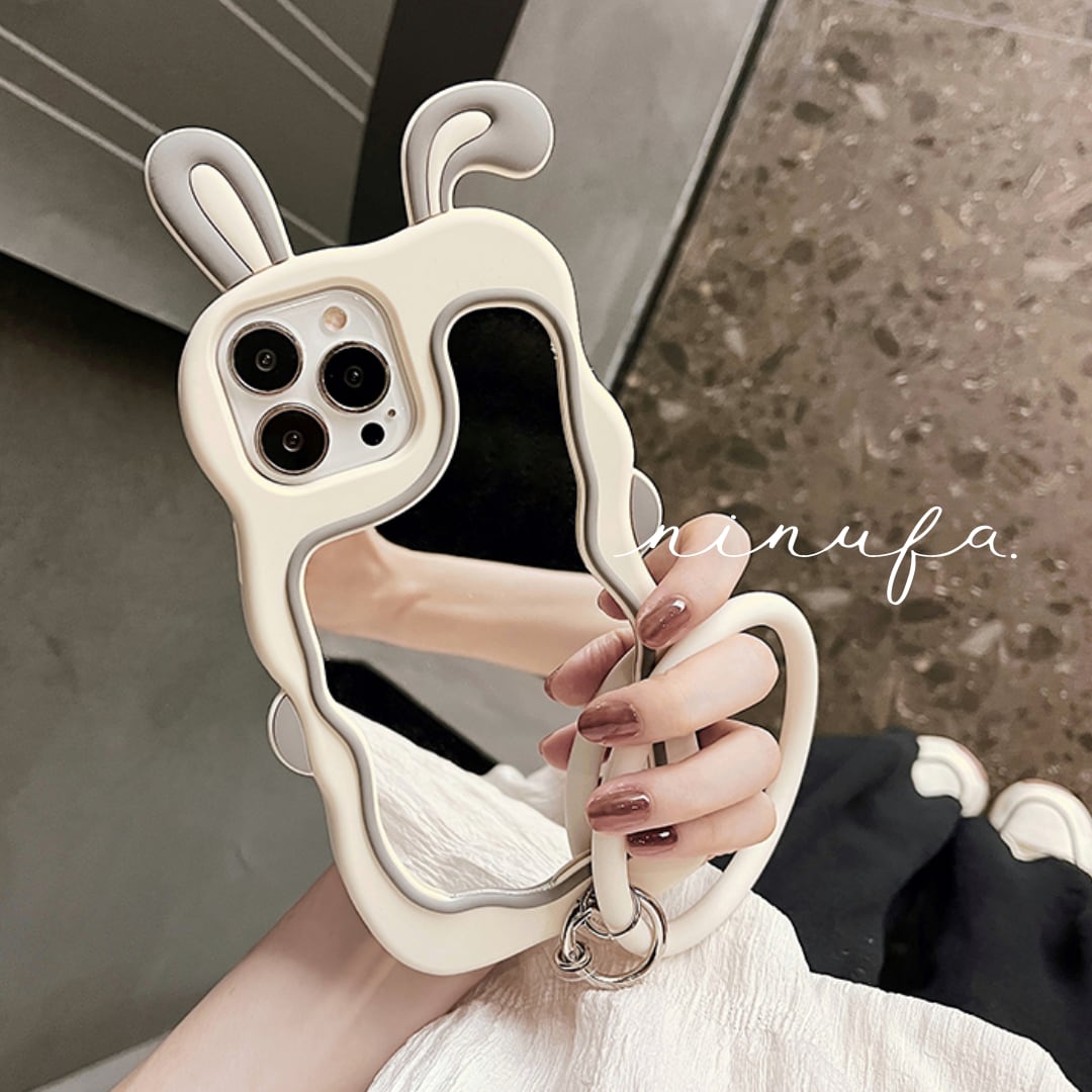 うさ耳ケース◎話題 背面ミラー 落下防止 ブレスレット ウェーブフレーム かわいい 鏡面仕上げ iphone14 新型対応 スマホケース ND-14719
